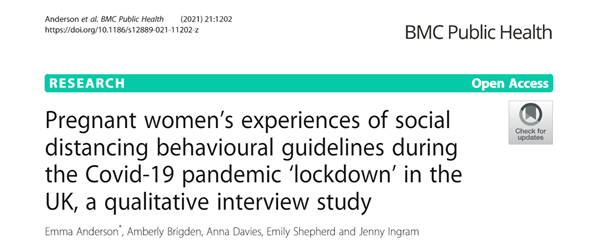 Image of the publication of the Pip study paper in BMC Public Health: "Pregnant women’s experiences of social distancing behavioural guidelines during the Covid-19 pandemic ‘lockdown’ in the UK, a qualitative interview study" 